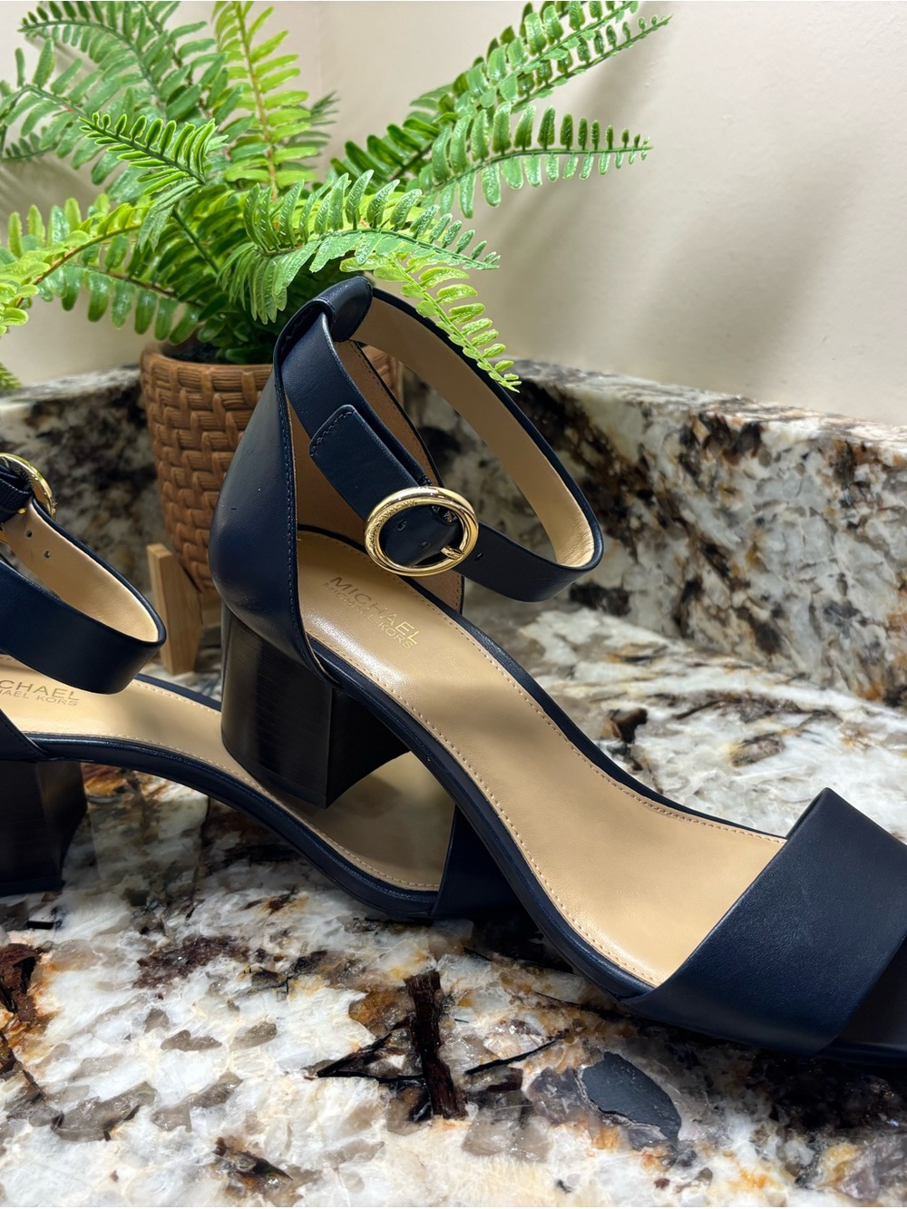 Michael Kors Navy Blue Ankle-Strap Block Heel Sandals - Picture 12 of 15